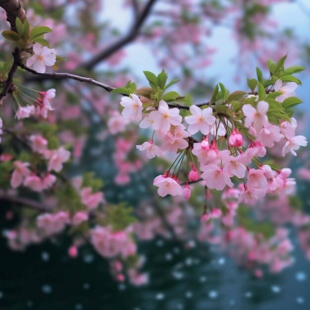 Na pierwszym planie drzewo z różowymi kwiatami i zielonymi liśćmi.