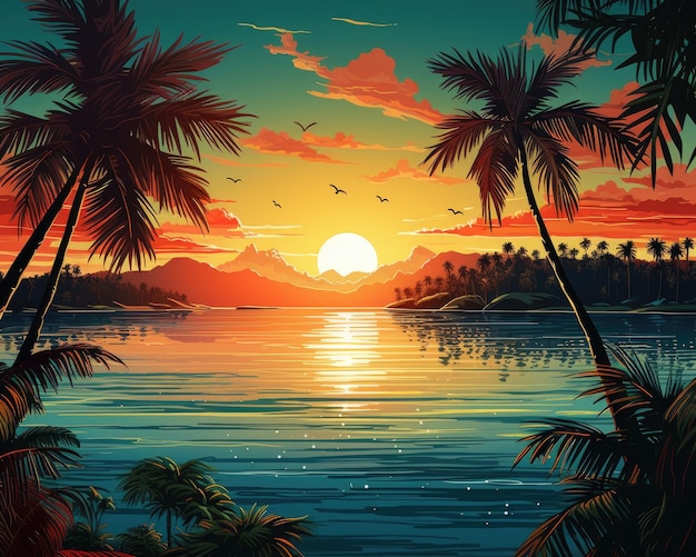 Na pierwszym planie obraz przedstawia zachód słońca, palmy, łodzie i odległą wyspę.