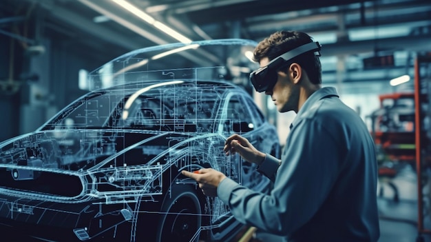 Na platformie podwozia samochodu elektrycznego pracuje inżynier motoryzacyjny Stwórz system za pomocą oprogramowania 3D VFX i gogli wirtualnej rzeczywistości Generative AI