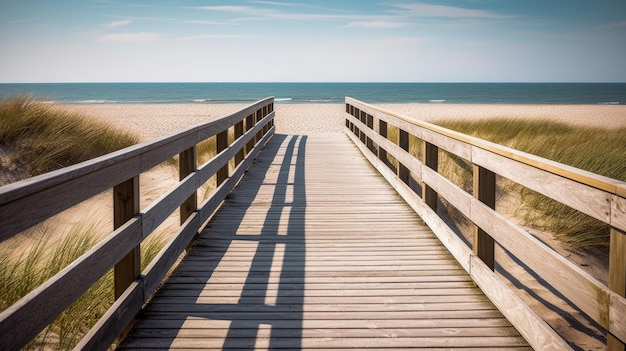 Na plażę prowadzi drewniana promenada.