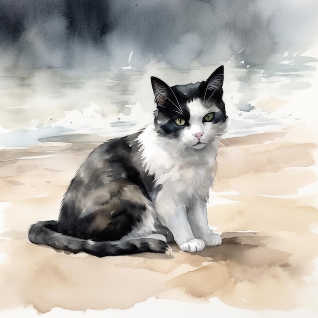 Zdjęcie na plaży generatywnej ai siedzi czarno-biały kot