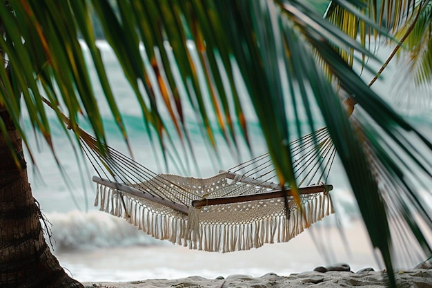 Zdjęcie na plaży wisi hamak z palmy.