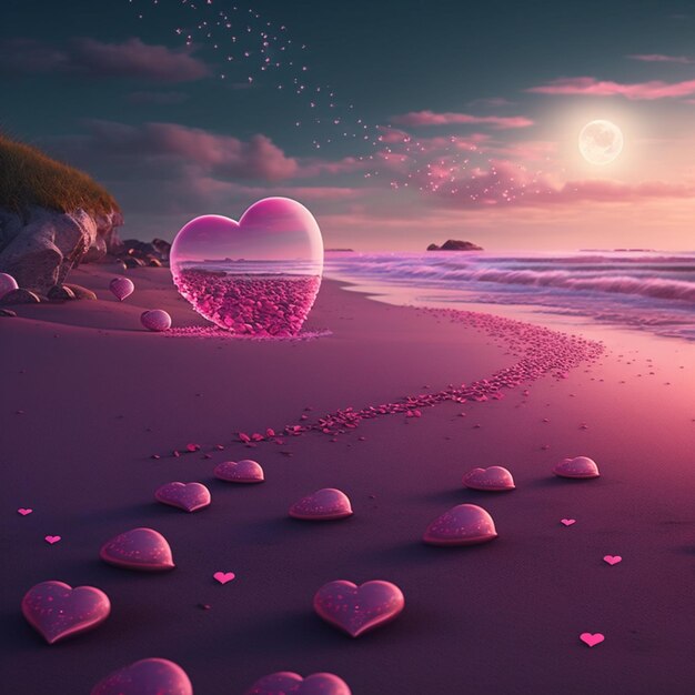 na plaży znajduje się obiekt w kształcie serca, wokół którego rozsiane są serca generujące ai