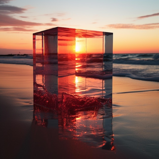 Na plaży znajduje się szklane pudełko z generatywną ai zachodzącego słońca