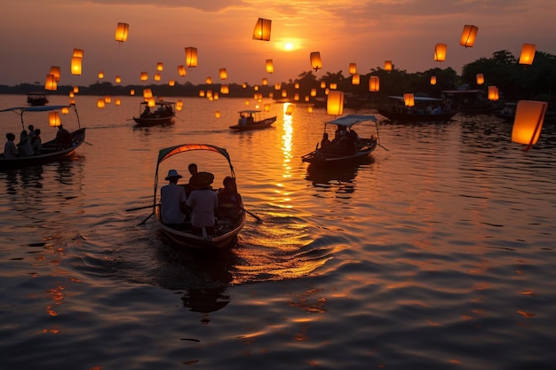 Na pływający festiwal płynie łódź pełna lampionów.