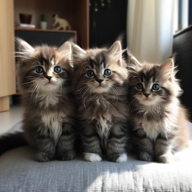 Na poduszce siedzą trzy kocięta, z których jeden ma na imię kot.