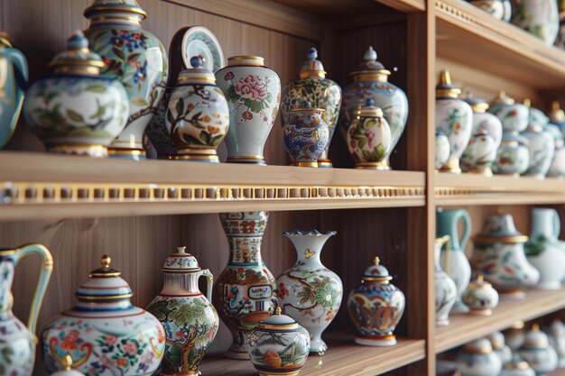 Na półce wystawione wspaniałe ręcznie malowane ceramiki