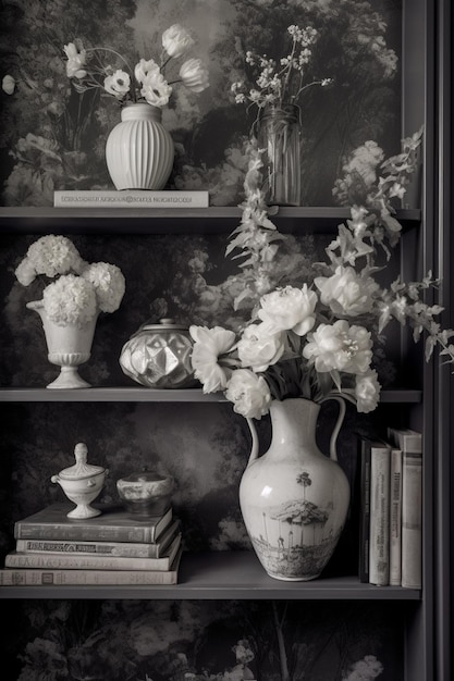 na półce z kwiatami generatywnymi stoi wiele wazonów i książek