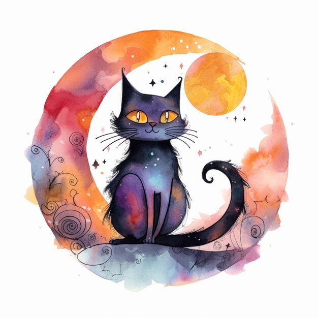 Zdjęcie na półksiężycu siedzi czarny kot, aw tle generatywny ai księżyc w pełni
