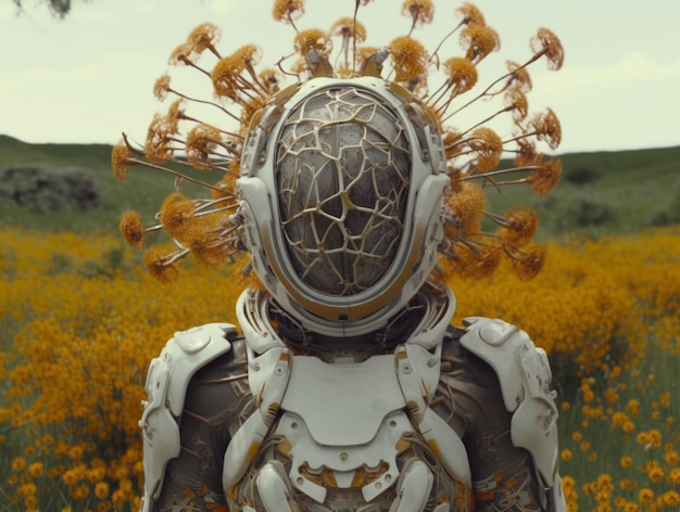na polu kwiatów generatywnej AI znajduje się robot z nakryciem głowy z kwiatu