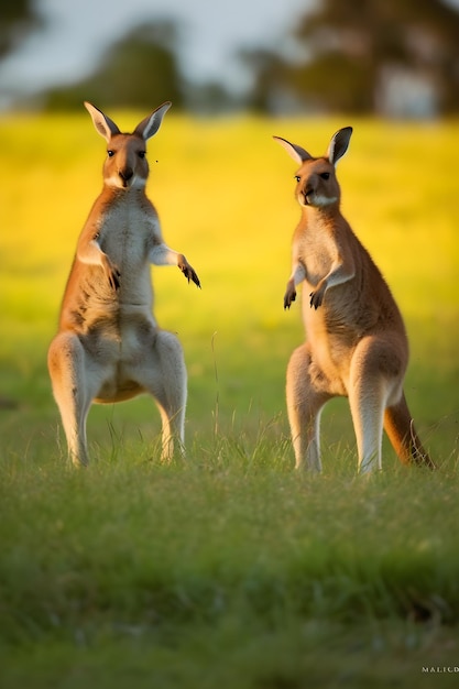 Zdjęcie na polu stoją dwa kangury, z których jeden jest czerwony, a drugi czerwony.