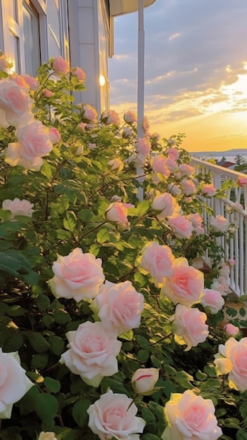 Na przedniej stronie domu rosną różowe róże.