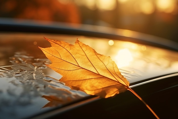 Na przedniej szybie samochodu widać jesienię w spokoju słonecznym