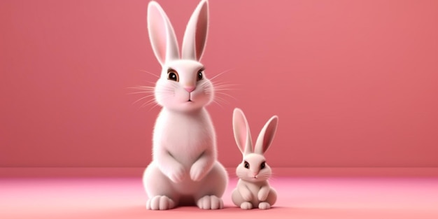 Na różowej powierzchni generatywnej ai siedzą obok siebie dwa króliki