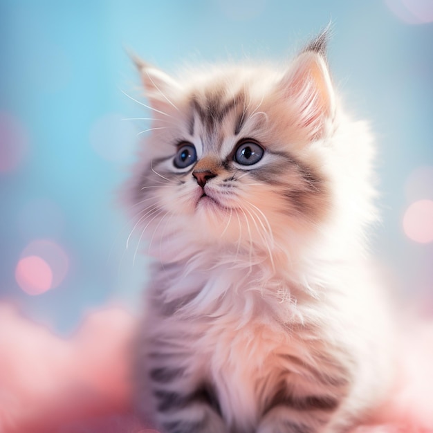 Na różowym kocyku siedzi mały kotek, patrząc w górę na generatywną ai