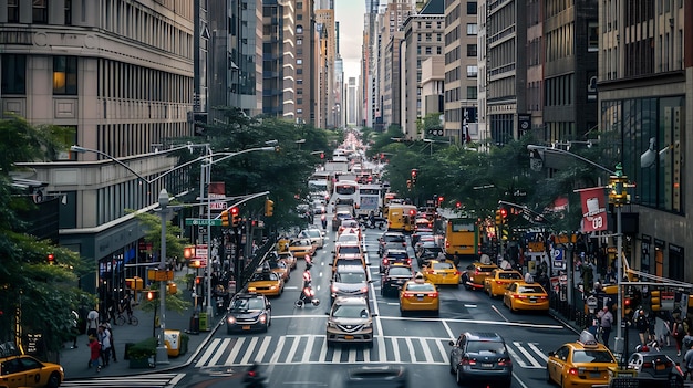 Na ruchliwej ulicy w Nowym Jorku z samochodami, autobusami i ludźmi przechodzącymi przez ulicę są wysokie budynki po obu stronach ulicy.