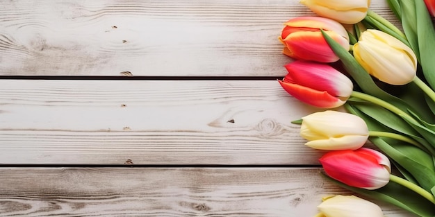 Na rustykalnym drewnianym stole stoi jaskrawy bukiet tulipanów, który idealnie nadaje się na świętowanie Wielkanocy lub prezent na Dzień Matki
