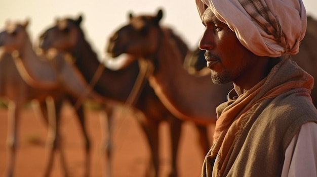 Zdjęcie na saharze w merzoudze w maroku mężczyzna jedzie na wielbłądach generative ai