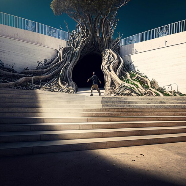 Zdjęcie na schodach w pobliżu drzewa generatywnego ai stoi mężczyzna