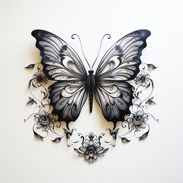 Na ścianie jest motyl z czarnymi skrzydłami i kwiatami.