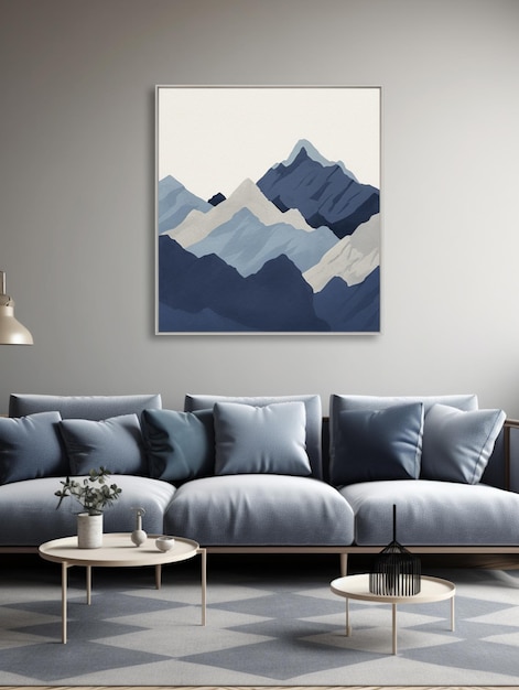 Na ścianie nad kanapą wisi obraz przedstawiający góry.