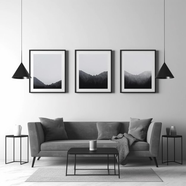 Na ścianie nad kanapą wiszą trzy zdjęcia w ramkach.