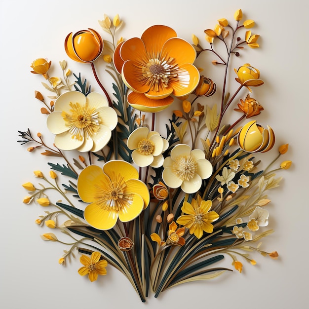 na ścianie wisi papierowa kompozycja kwiatowa z żółtymi kwiatami generatywnymi ai