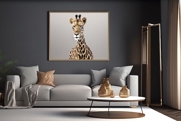Na ścianie wisi zdjęcie żyrafy.