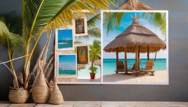 Na ścianie wiszą zdjęcia chaty i palmy.