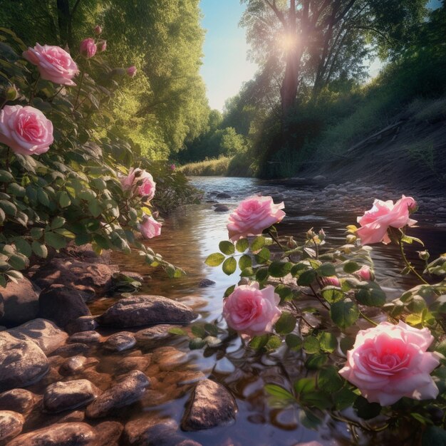 na skałach nad rzeką generatywną ai rosną różowe róże