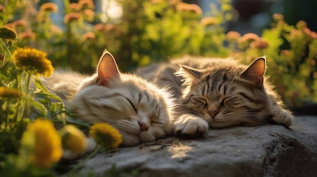 Na skale pośrodku ogrodu generatywnego ai śpią dwa koty