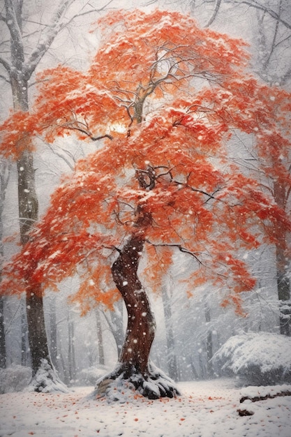 na śniegu jest czerwone drzewo z ławką generatywną ai