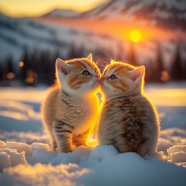 Zdjęcie na śniegu siedzą dwa kocięta, a generatywna ai zachodzi zachodzące słońce