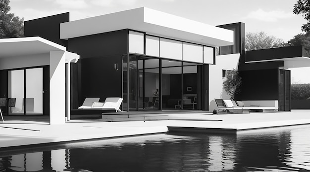 Na sprzedaż lub wynajem nowoczesny przytulny dom z basenem i parkingiem w luksusowym czarno-białym stylu