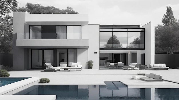 Na sprzedaż lub wynajem nowoczesny przytulny dom z basenem i parkingiem w luksusowym czarno-białym stylu