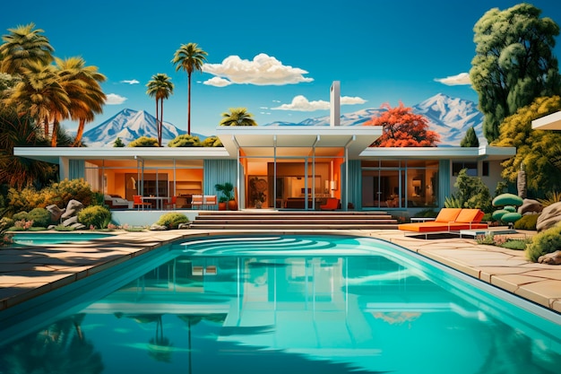 Na sprzedaż lub wynajem nowoczesny przytulny dom z basenem i parkingiem w luksusowym stylu Czysty słoneczny letni dzień z błękitnym niebem ai