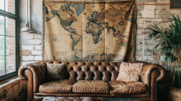 Na starożytnej skórzanej kanapie zawieszony jest gobelin inspirowany mapą, na którym znajduje się kolaż różnych map