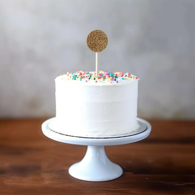 na stojaku na ciasto generatywnej ai znajduje się biały tort ze złotą nakładką