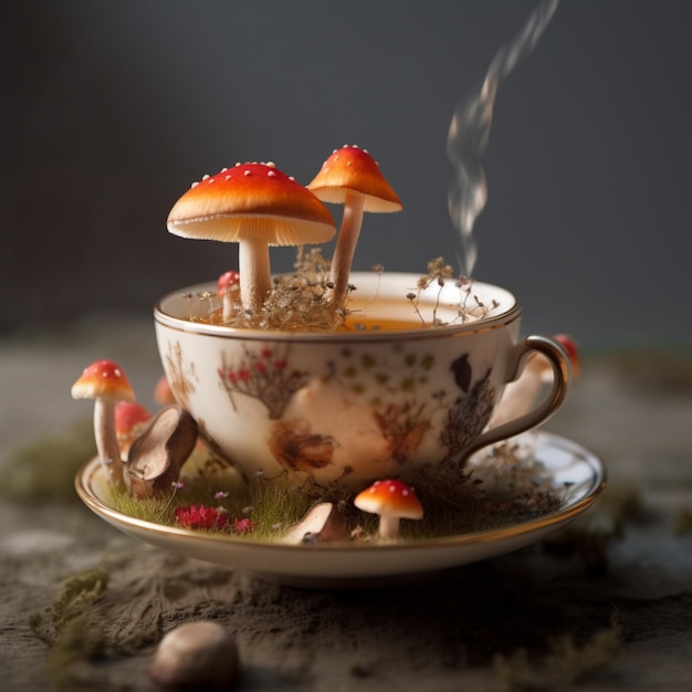 Na stole generatywnym ai jest filiżanka herbaty z grzybami