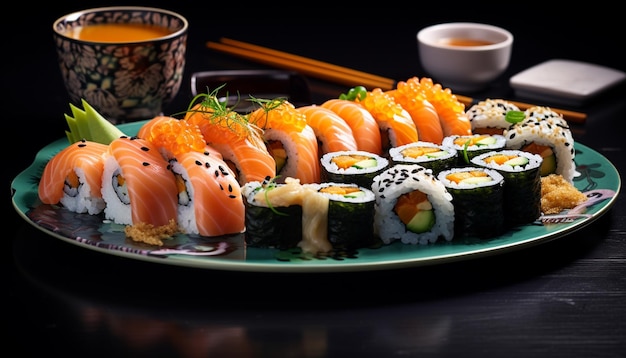 Na stole generatywnym ai jest talerz sushi i pałeczki