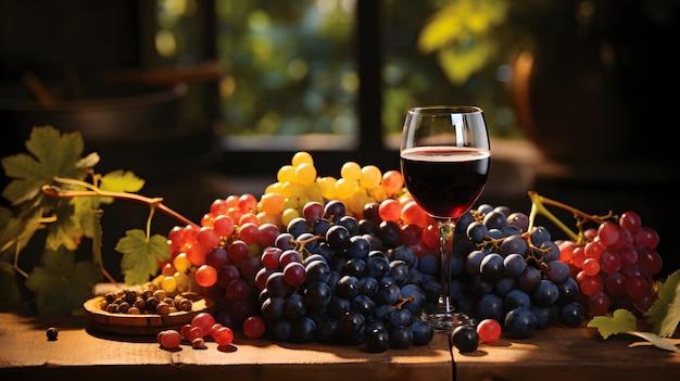 Na stole generatywnym ai stoi kieliszek wina i kiść winogron