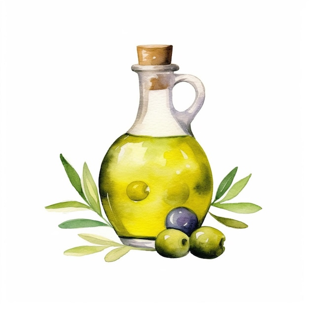 Na stole jest butelka oliwy z oliwkami.