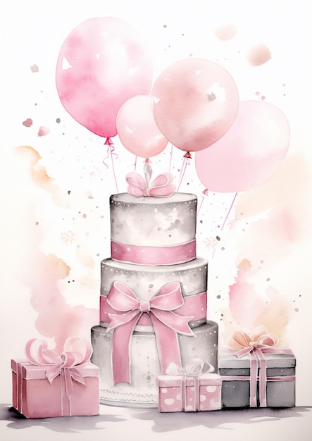 Na stole jest ciasto z różowymi balonami i prezentami.