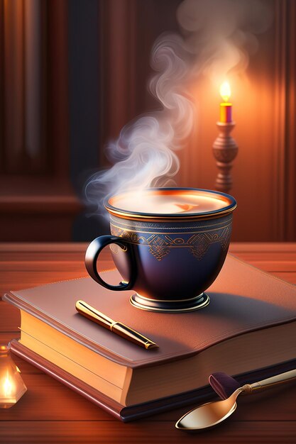Na stole jest filiżanka parzącej kawy obok niej łyżeczka otwarta książka romantyczne oświetlenie realizm Ai wygenerowany