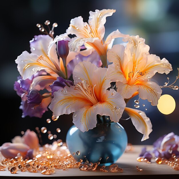 Zdjęcie na stole jest niebieski wazon z kwiatami.
