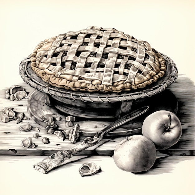 Zdjęcie na stole jest rysunek ciasta i jabłek.