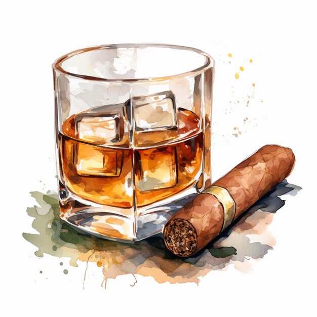 Na stole jest szklanka whisky i cygara.