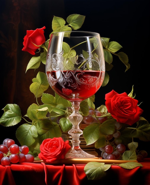 Na stole jest szklanka wina i trochę winogron.