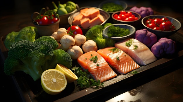 Na stole jest wiele różnych rodzajów ryb i warzyw.