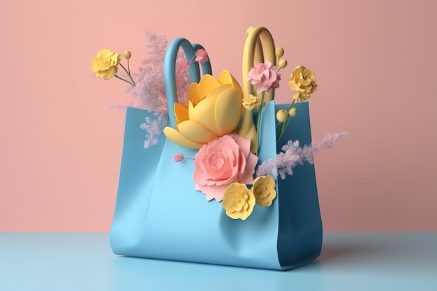 na stole leży niebieska torba z kwiatami